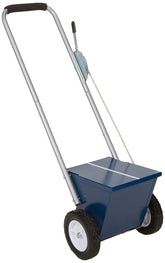 A blue lawn mower on wheels featuring a sturdy handle for efficient grass cutting and lawn care.
